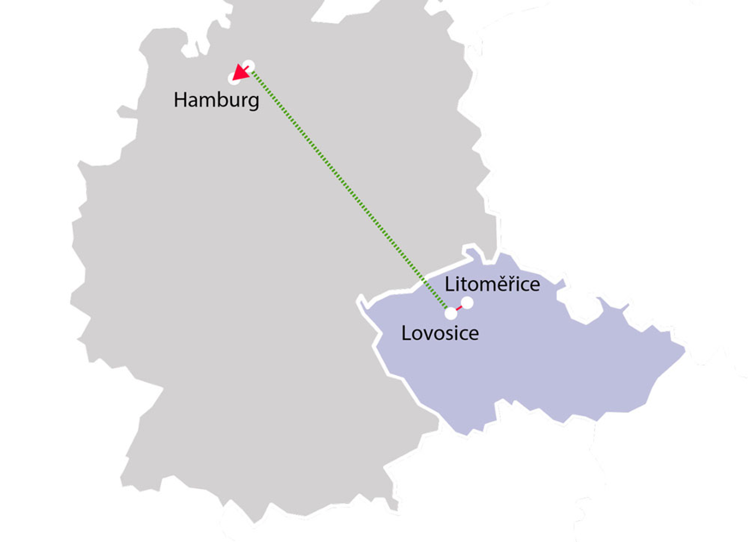 Mapa trasy z Litoměřic do Hamburgu