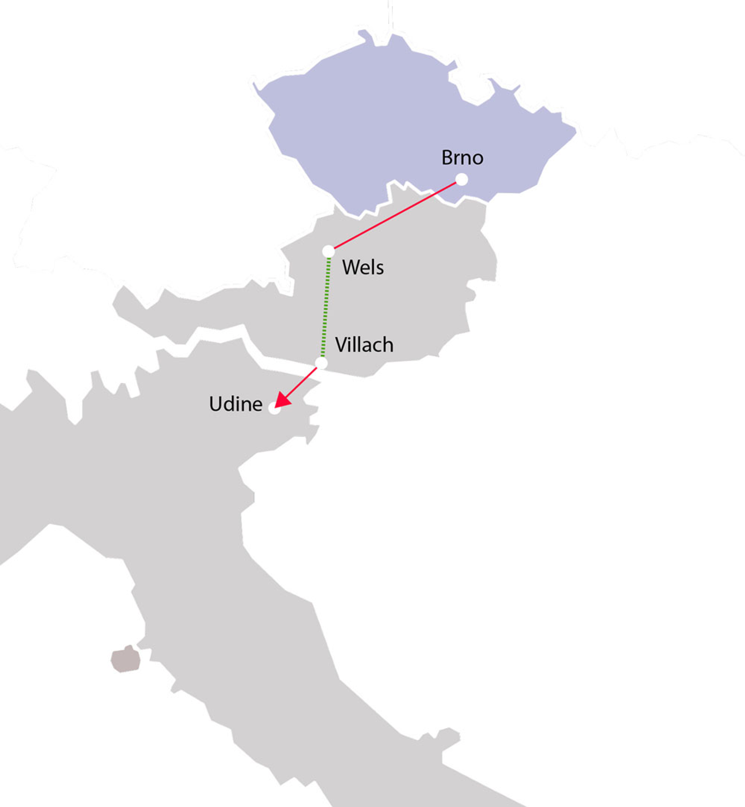 Mapa trasy z Brna do Udine