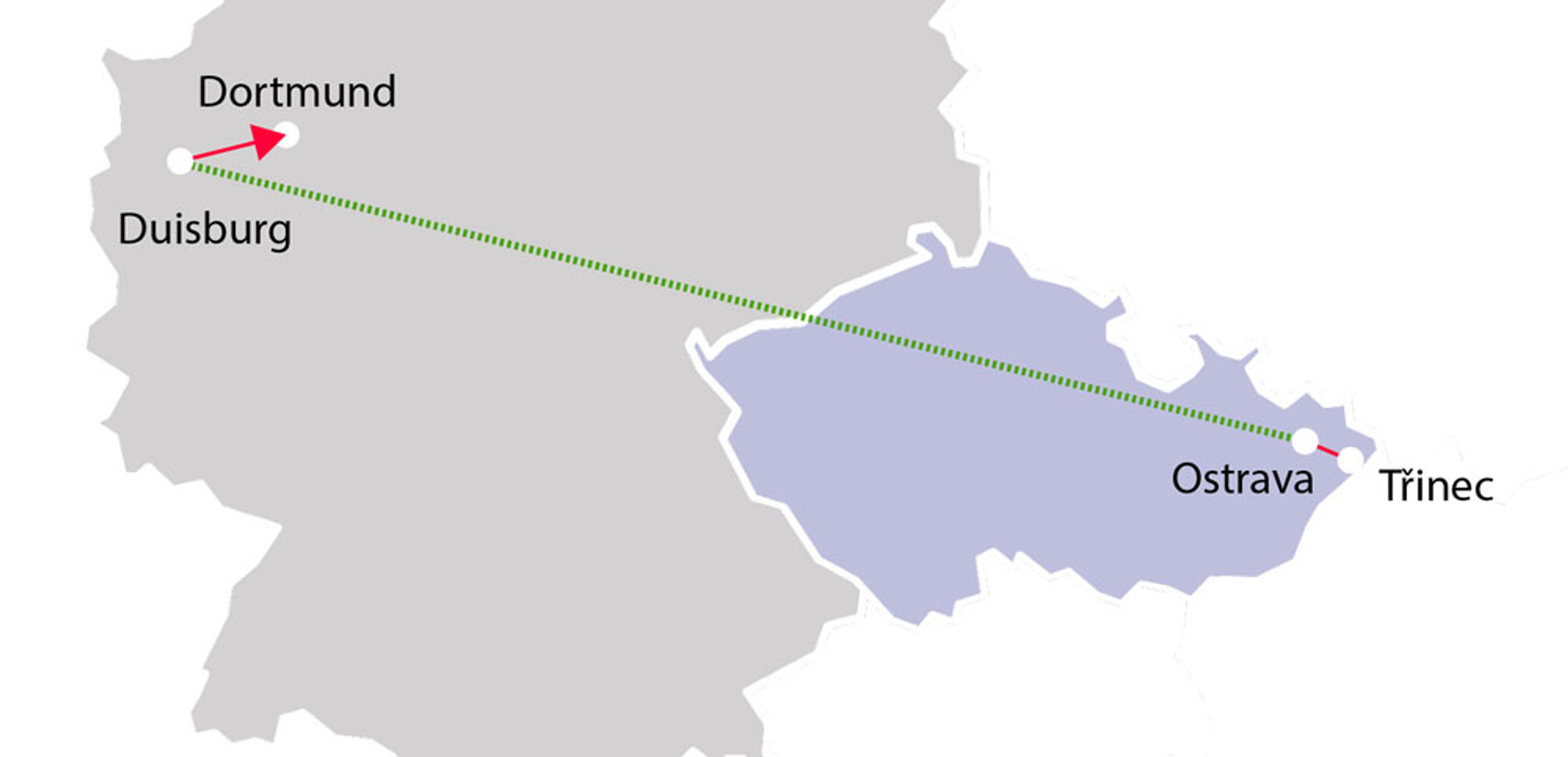 Mapa se znázorněním přepravy z Třince do Dortmundu